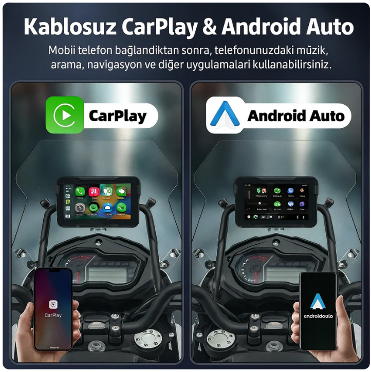 MotoCarPlay™ Kamerasız (MONTAJ DAHİL) - Kablosuz CarPlay & Android Auto Ekran – Tüm Motosikletlerle Uyumlu
