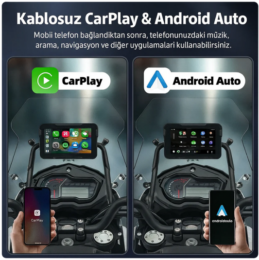 MotoCarPlay™ 2 HD Kameralı (MONTAJ DAHİL) - Kablosuz CarPlay & Android Auto Ekran – Tüm Motosikletlerle Uyumlu