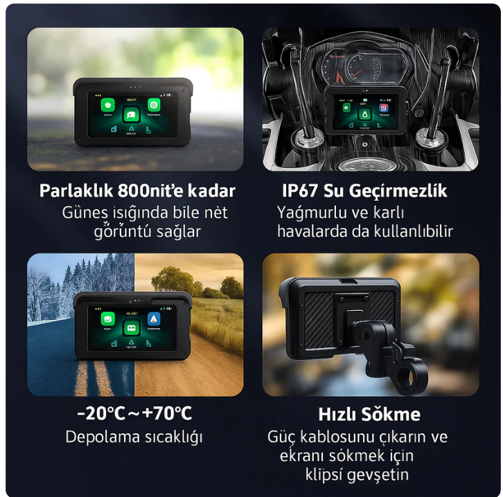 MotoCarPlay™ Kamerasız (MONTAJ DAHİL) - Kablosuz CarPlay & Android Auto Ekran – Tüm Motosikletlerle Uyumlu