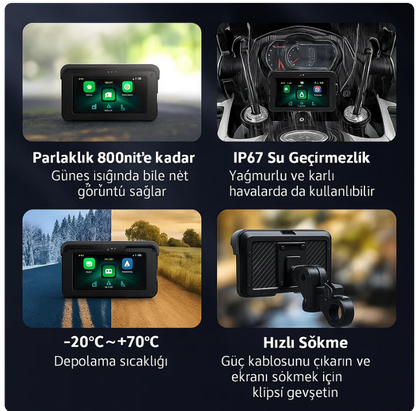 MotoCarPlay™ Kamerasız (MONTAJ DAHİL) - Kablosuz CarPlay & Android Auto Ekran – Tüm Motosikletlerle Uyumlu